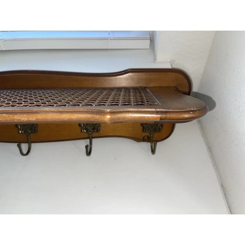 Vintage German STIL Wood Wall Shelf With‎ Coat Hooks Rattan/Cane Shelf READ
